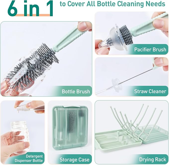 Baby Bottle Brush Set, 6-in-1 Travel Bottle Cleaning Kit - Image 4
