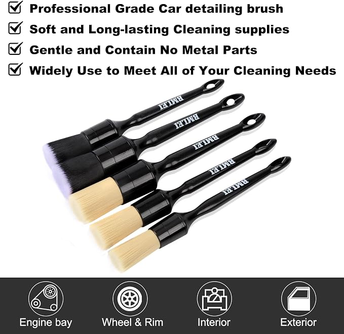 5pcs Car Detailing Brushes Set, Boars Hair Auto Car Detail Brush Kit No Scratch - Image 2