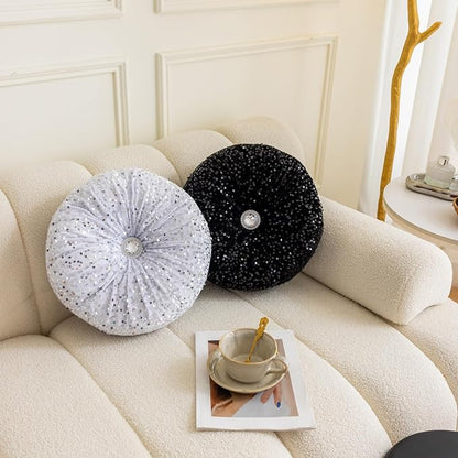 Round Throw Pillow, 13.7" Soft Glitter Sequin Pleated Pumpkin Decorative Round Pillow Circle Floor Pillow Cushions for Sofa Bed Chair Living Room Floor Home Decoration, Black
