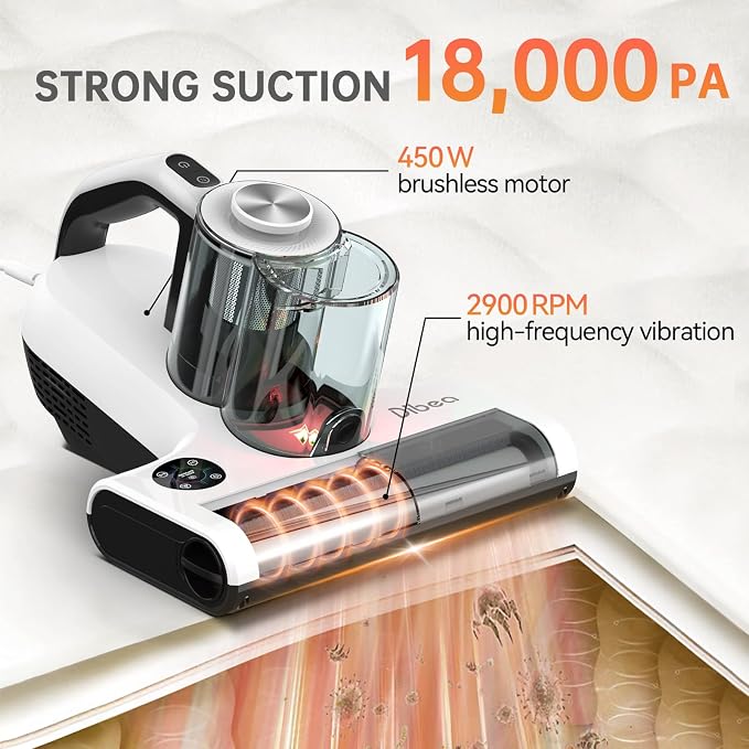 Dibea Handheld Mattress Vacuum, Upholstery Bed Vacuum Cleaner Machine, 18KPa - Image 3