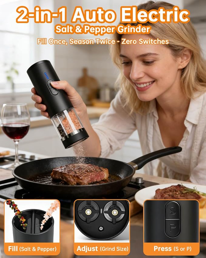 Aotto 2-in-1 Electric Salt and Pepper Grinder Set, USB-C Rechargeable Automatic - Image 2