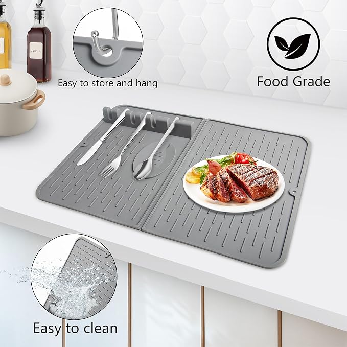 Silicone Dish Drying Mat for Kitchen Counter, Collapsible Dish Drainer Mat - Image 4