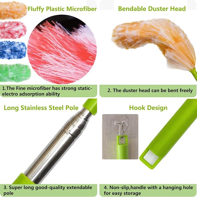 4 Pack Washable Electrostatic Duster, Extendable Pole 25" to 55", Feather Duster - Image 6