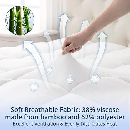 ELEMUSE Queen Cooling Bamboo Viscose Mattress Topper for Back Pain, Extra Thick Mattress Pad Cover, Plush Soft Pillowtop with Elastic Deep Pocket, Overfilled Down Alternative Filling
