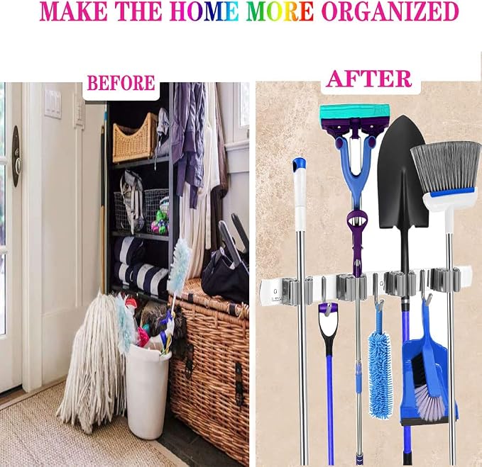 Mop and Broom Holder, 3 Positions 4 Hooks Heavy Duty Hanger Wall Mounted - Image 6