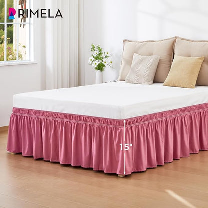 RIMELA Dusty Red Bed Skirt Queen Size 15 Inch Drop, Wrap Around Elastic Bedskirt, Dust Ruffle for Adjustable Bed Base Machine Washable Easy to Install Bed Skirts