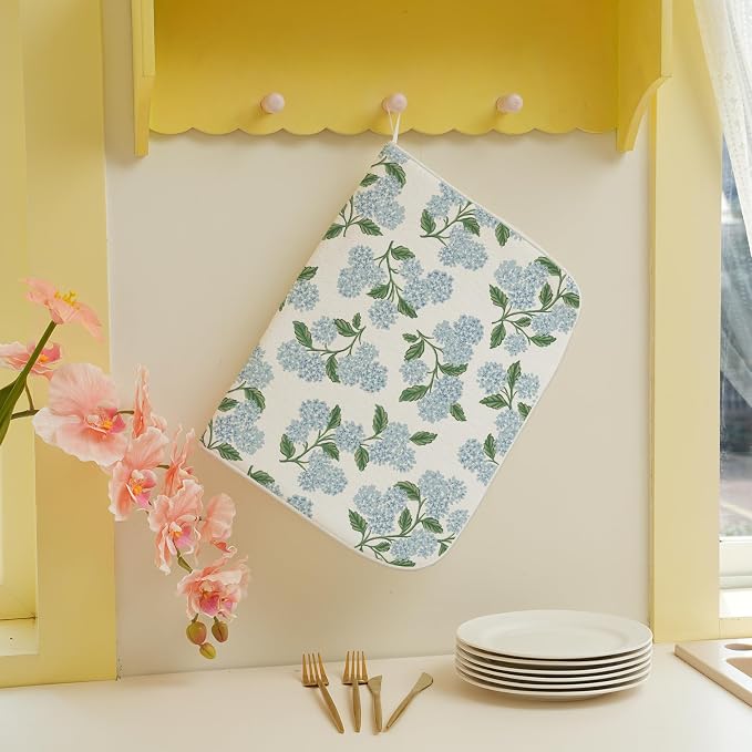 Blue Green Dish Drying Mat 18x24 Inch Vintage Floral Hydrangea Flower Drying - Image 5