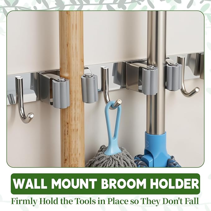2 Pack Wall Mount Broom Holder, Self Adhesive 5 Racks and 4 Hooks Mop and Broom - Image 4