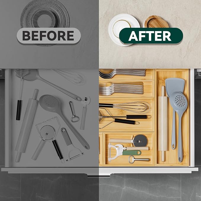 Bamboo Drawer Organizer, Narrow Stackable Cutlery Tray - Image 6