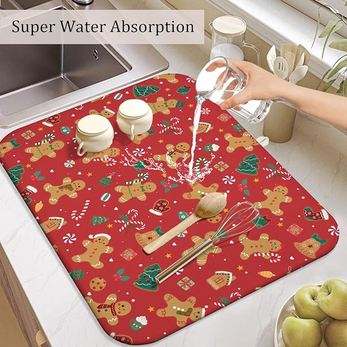 Christmas Kitchen Countertop Dish Drying Mat, Washable Absorbent Countertop - Image 5