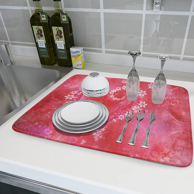 Valentines Day Dish Drying Mat for Kitchen Counter Red Heart Flower Decor - Image 7