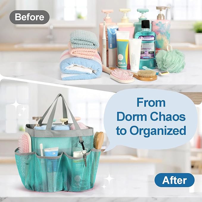 F-color Mesh Shower Caddy Portable, Upgrade Deeper 7 Pockets Shower Bag Basket - Image 2