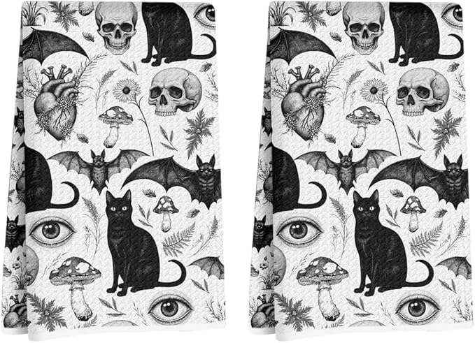 2Pcs Skeleton Cat Kitchen Towels, Mushroom Durable Microfiber Tea Towels by Hanamiya+Na