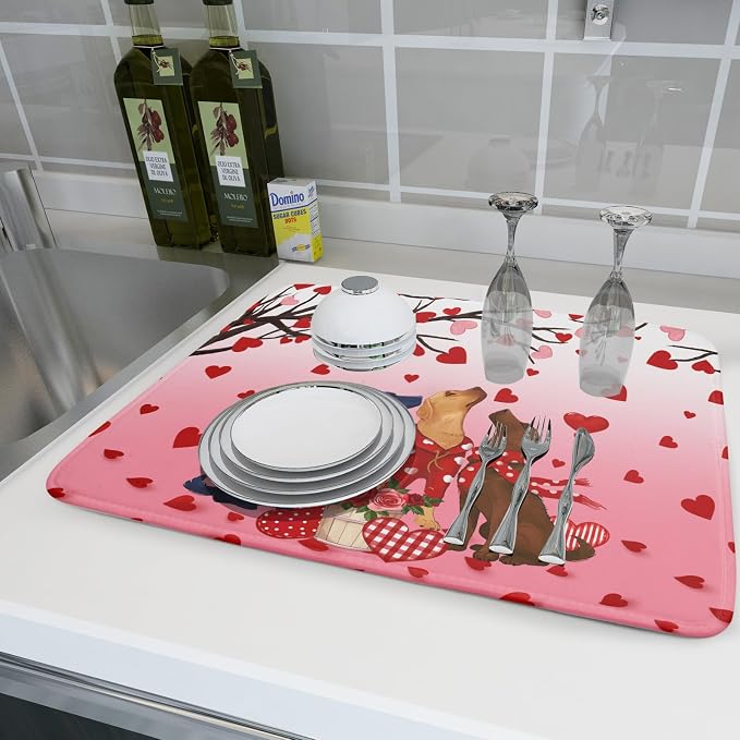 Love Dog Dish Drying Mat 18"x24" Red Heart Microfiber Dish Drainer Mat Hanging - Image 6