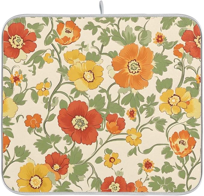 Retro Yellow Orange Flowers Dish Drying Mat - Image 8