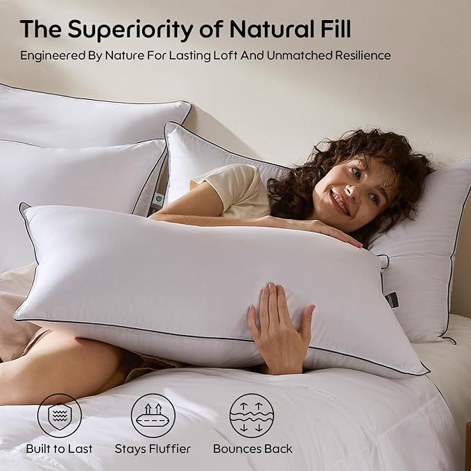 Goose Feather Down Fiber Pillows Standard Size Set of 2, Luxury 3-Chamber Pillows with Soft & Down-Proof Cover, Fluffy Plush Hotel Bed Pillows for Side, Back & Stomach Sleepers, 20"x26"