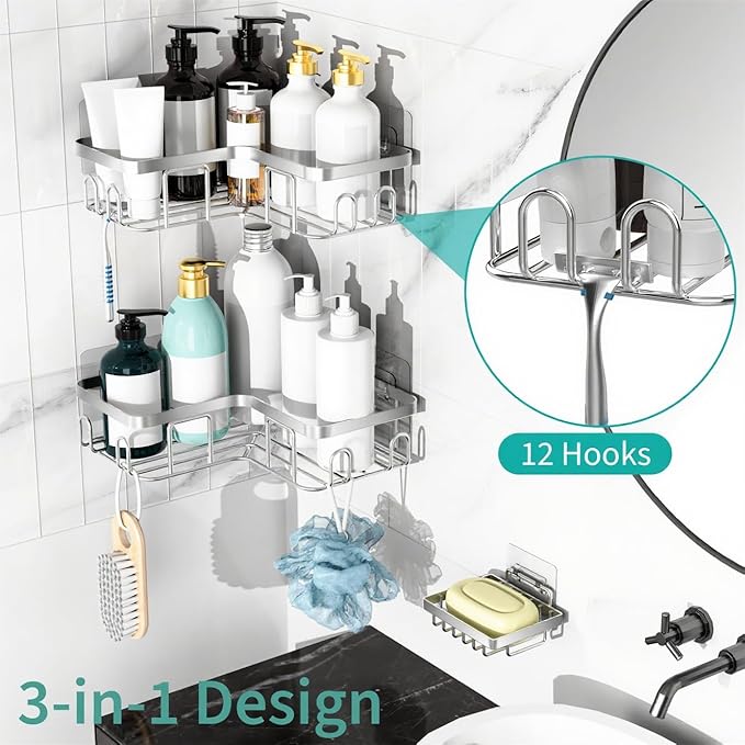 Moforoco Corner Shower Caddy Shelf Organizer Rack, Self Adhesive Black Bathroom - Image 2