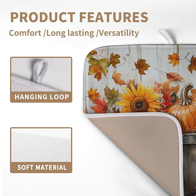 Fall Dish Drying Mat for Kitchen Counter Autumn Thanksgiving Pumpkin Sunflower - Image 3