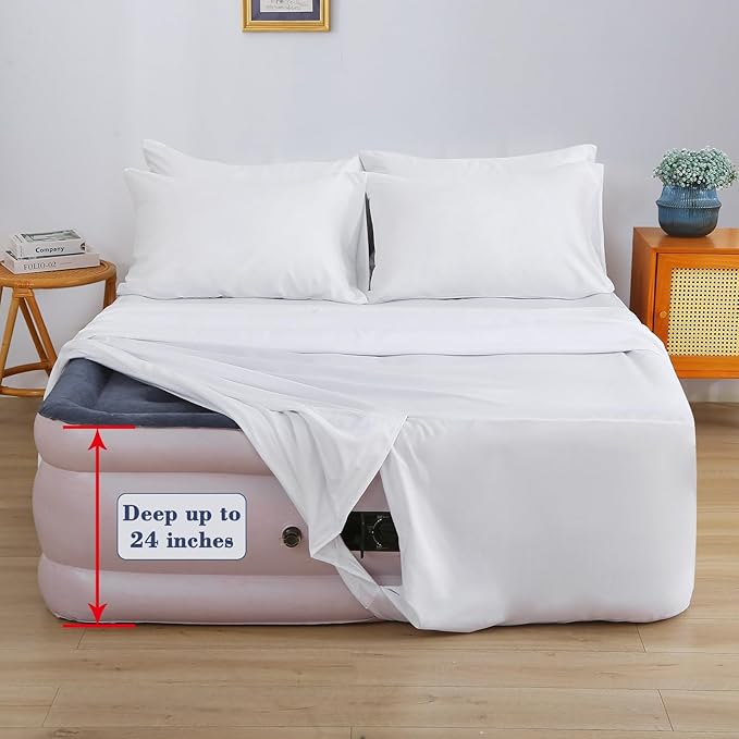 Air Mattress Sheet Set for 16-24 Inch Air Beds Queen Size,Deep Pocket Fitted Sheet with Inflation Opening,Soft & Breathable, for Guests, Camping, RVs, Includes Pillowcase Flat Sheet Fitted Sheet,White