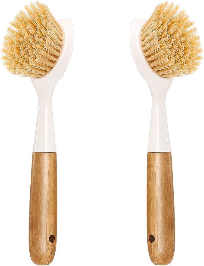 2 Pack Kitchen Dish Brush Bamboo Handle Dish Scrubber Built-in Scraper by Songtaste