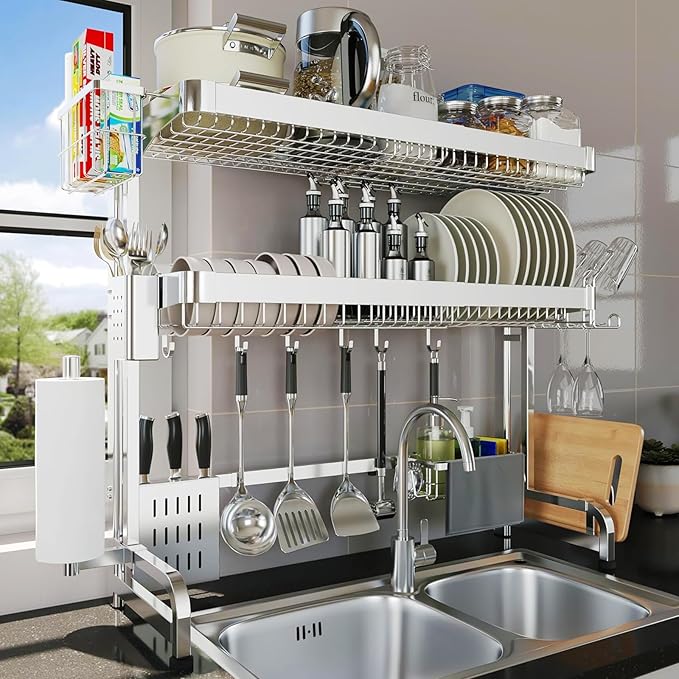 Over The Sink Dish Drying Rack, 3 Tier Adjustable Length Full Stainless Steel by LIVOD