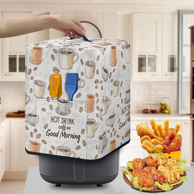 Air Fryer Cover Dust-Proof Kitchen Small Appliance Cover with Top Handle and Pockets Keep Kitchen Appliance Clean Washable, Coffee Beige White