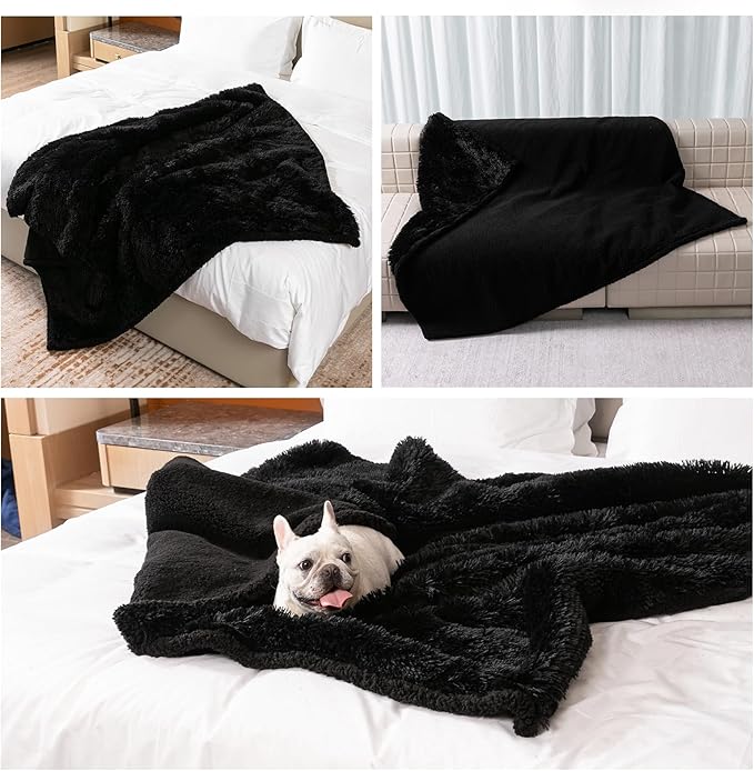 Waterproof Dog Blanket Black Calming Dogs Fluffy Long Faux Fur Pet Throw Blankets for Couch Protector Love Puppy Cat Bed Cover Washable(Black,XL-85x57in)