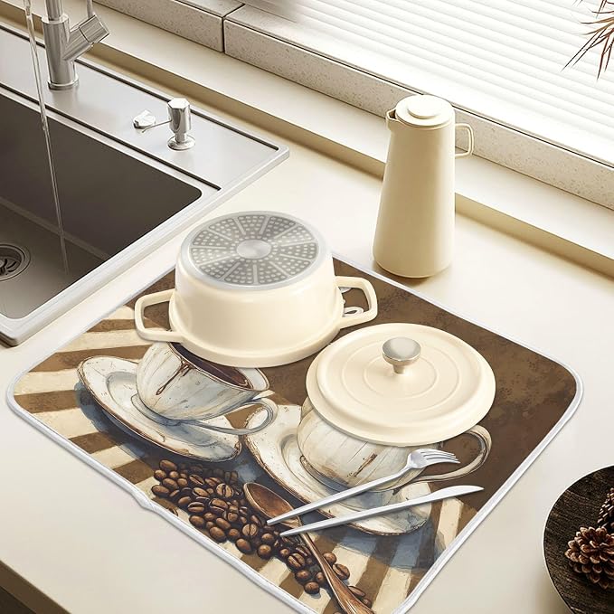 Coffee Themed Dish Drying Mat for Kitchen Counter Absorbent Microfiber Large - Image 5