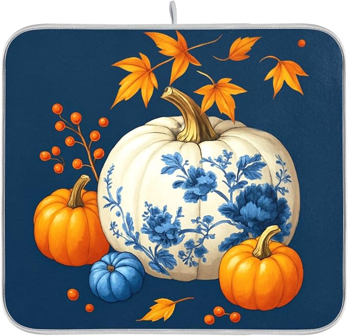 Pumpkin Porcelain Blue White Dish Drying Mat by Wamika