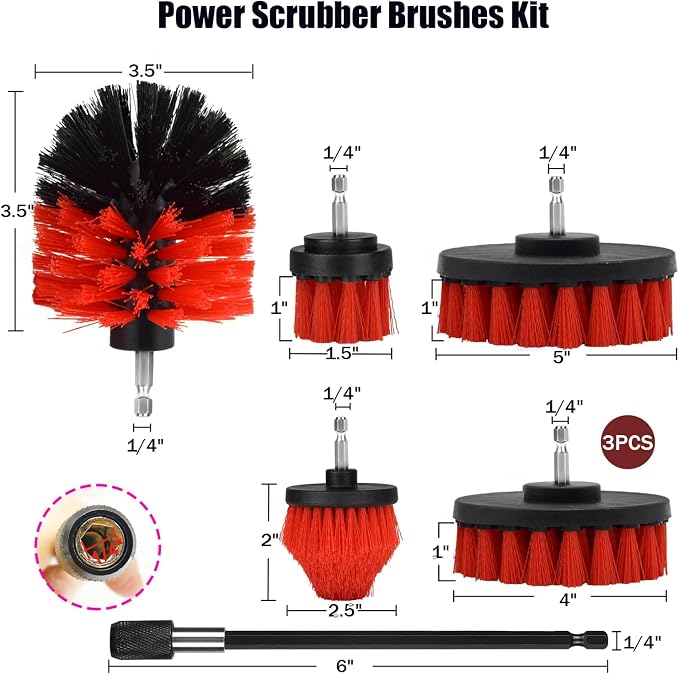 8 Pack Drill Brush Attachment Set, 1/4in Power Scrubber Brush + Extend Long Rod - Image 3