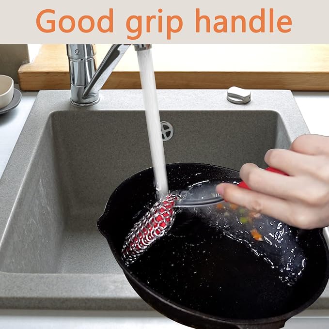 5 Pcs Cast Iron Cleaning Kit Pan Pot Wok Scraper Tool Skillet Sponge Metal - Image 5