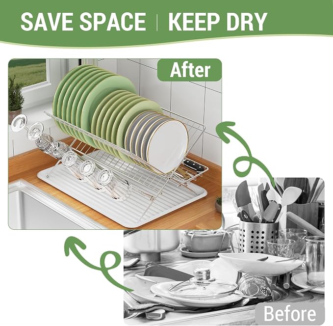 Dish Rack with Drip Tray, Stainless Steel 3-Tier Collapsible Drainer Dish - Image 7