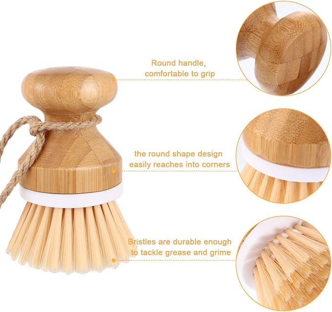 Boao 3 Pieces Bamboo Dish Scrub Brush and 1 Holder Natural Wooden Kitchen - Image 3
