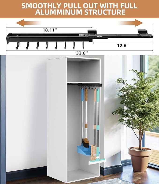 Pull Out Broom Holder With Adjustable Double Row Sliding Hook, - Image 2