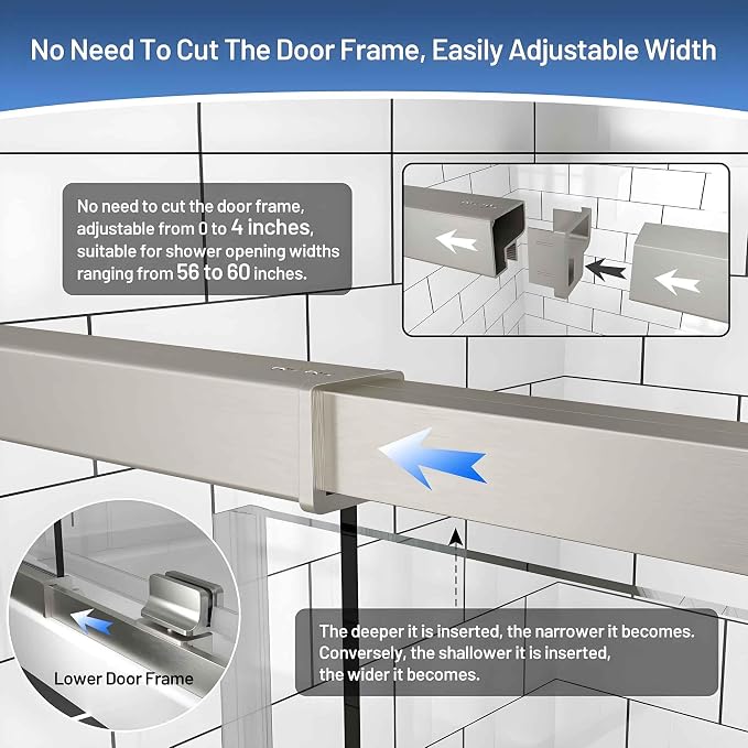 56-60" W x 71" H Pivot Glass Shower Door, 1/4" Thick Clear SGCC Tempered Shower - Image 6