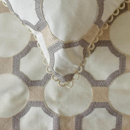 The HomeCentric King/Queen/Twin White, Beige & Grey Decorative Full 68"x18" Bed Runner with Two Pillow Cover, Embroidered, Bouclet & Lace Bed Scarf on Cotton Fabric - Threaded Geometry