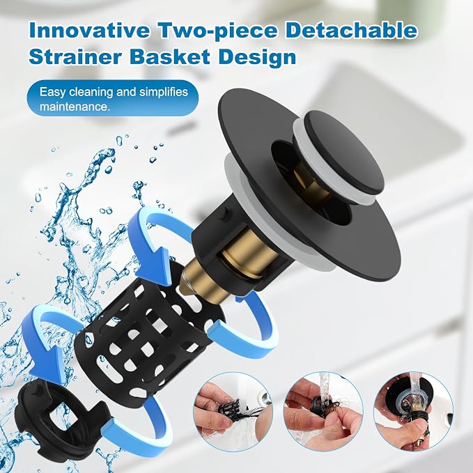 Hibbent Universal Bathroom Sink Drain Strainer, Upgraded 3 in 1 Pop Up Stopper - Image 3