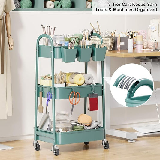 3 Tier Green Metal Rolling Cart - Image 2