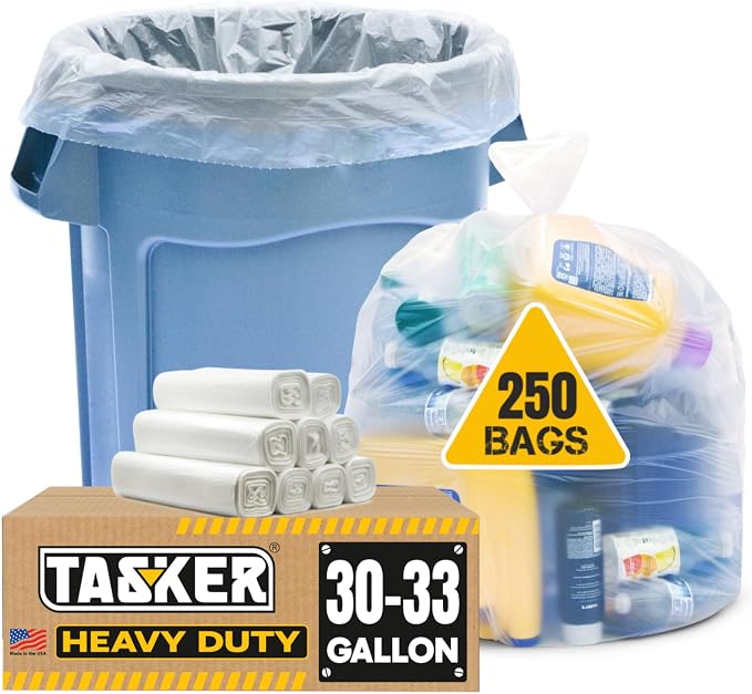 Tasker 30-33 Gallon Clear Trash Bags Heavy Duty Large Plastic Bags by Tasker