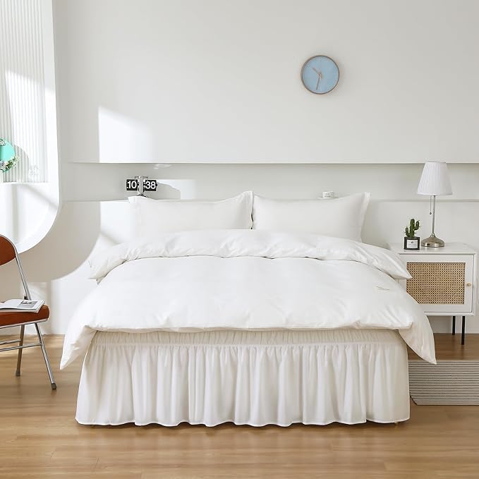 MEILA Wrap Around Bed Skirt Three Fabric Sides Elastic Dust Ruffled 14 Inch Tailored Drop,Easy to Install Fade Resistant-Natural White, Twin/Full