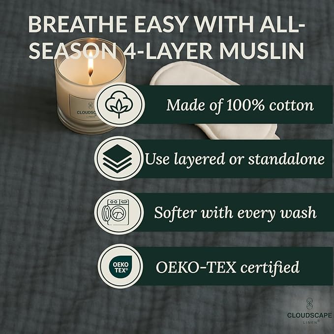 Cloud Scape Linen Extra Large 4 Layer Muslin Throw Blanket - 100% Cotton Gauze, Lightweight & Breathable All Season, Pre-Washed, for Couch & Bed, 50x70, Dark Grey