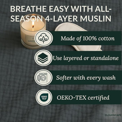 Cloud Scape Linen Extra Large 4 Layer Muslin Throw Blanket - 100% Cotton Gauze, Lightweight & Breathable All Season, Pre-Washed, for Couch & Bed, 50x70, Dark Grey