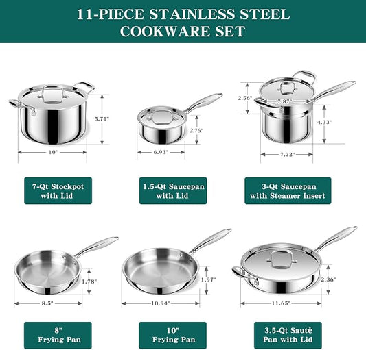 EWFEN Pots and Pans Set, 3 Ply 11 Piece Stainless Steel Cookware Set, Oven - Image 2