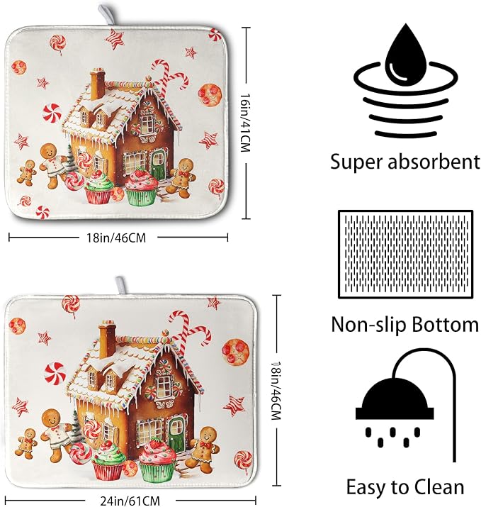 Christmas Dish Drying Mat for Kitchen Counter 16x18 Gingerbread House Man Candy - Image 2