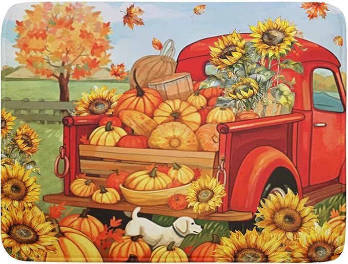 Autumn Pumpkin Red Truck Dish Drying Mat by Sweetshow