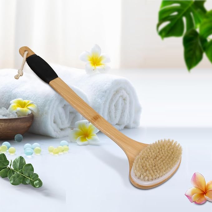 OWIIZI Back Scrub Brush for Shower, Stiff Boar Bristles Bamboo Curved Long - Image 7