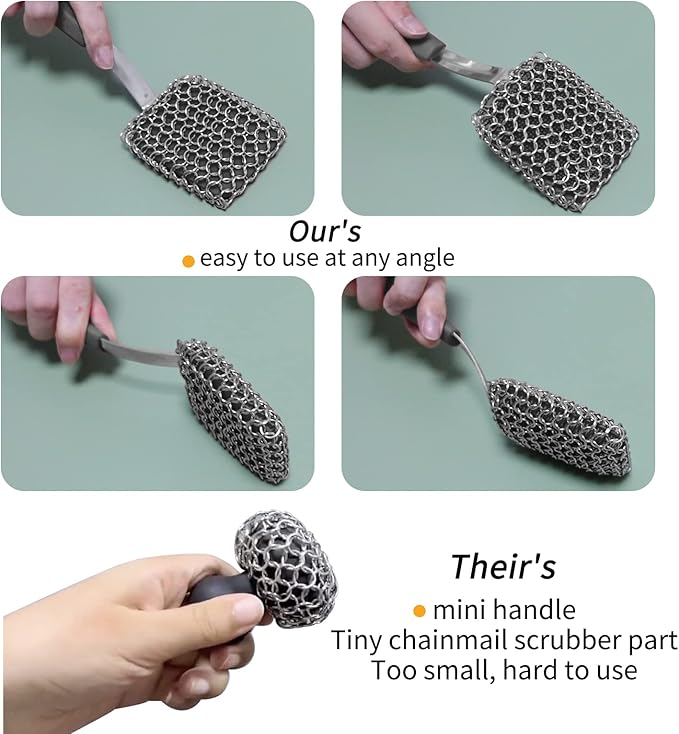 Cast Iron Scrubber Brush with Handle Cast Iron Cleaner Chainmail Scrubber + Pan - Image 4