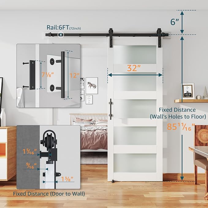 32'' x 84'' Glass Barn Door and 6 Ft Hardware Kit Included, MDF White Barn Door - Image 2