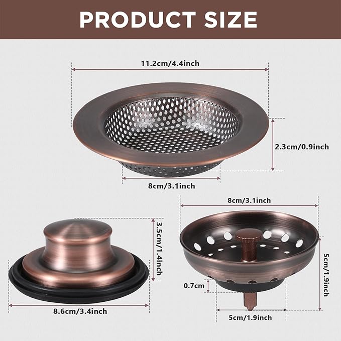 Mudder 3 Pcs Kitchen Sink Drain Strainer and Stopper Stainless Steel Garbage - Image 2