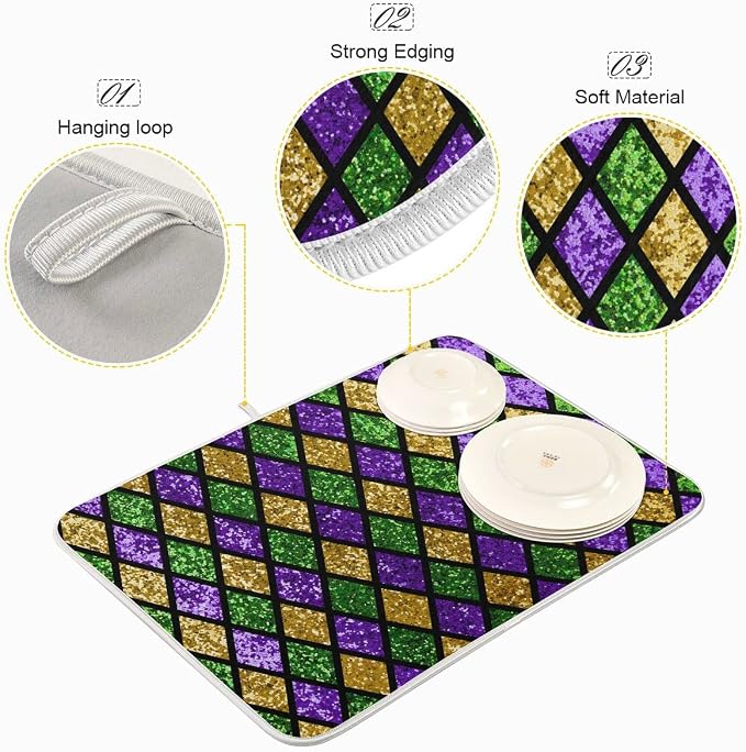 Mardi Gras Dish Drying Mat for Kitchen Gold Purple Green Buffalo Plaid - Image 4
